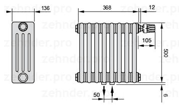 Схема (чертеж) Радиатор Zehnder Charleston 4050/8 №V008 Белый глянцевый RAL 9016